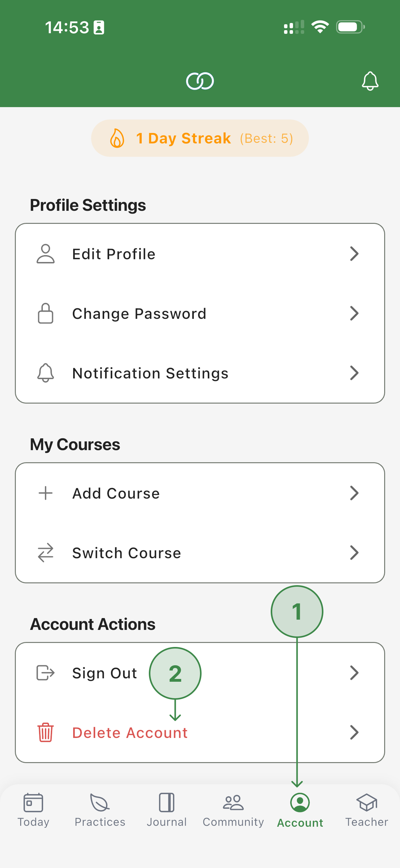 ESRT StrongMind Account screen showing the Account tab (1) in the bottom navigation and the Delete Account button (2) under Account Actions